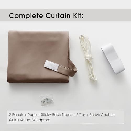 NICETOWN 2 Panels Waterproof Outdoor Curtains, Adhesive Strip Top No Rods Needed, Back Tab Bottom with Free Rope for Windproof, Weatherproof & Privacy Curtains for Patio/Porch, W52 x L108 in, Tan - Thumbnail 5
