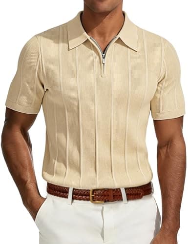 PJ PAUL JONES Polo Shirt for Men Short Sleeve Knit Polos Quarter Zip Soft Breathable Golf Shirts for Summer Apricot XXL - Image 1