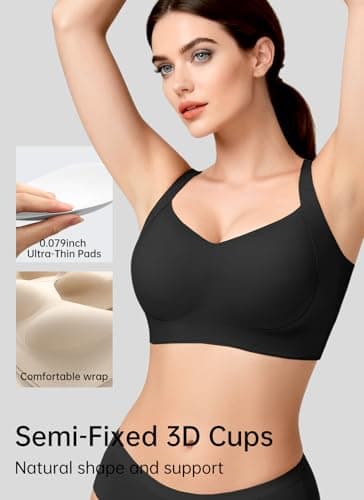 REALWILL Everyday Comfortable Wireless Bra Supportive Push Up Minimizer Bras for Women Seamless Soft Tshirt Bras No Underwire Full Coverage Bralette Lift Bra Black S - Thumbnail 5