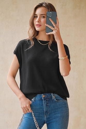 Arach&Cloz Womens Spring Summer Short Sleeve Oversized Sweaters Cashmere Lightweight Crew Neck Business Casual Clothing Work Blouse Tops Dressly Capsule Wardrobe Teacher Outfits Trendy Black XXL - Thumbnail 3