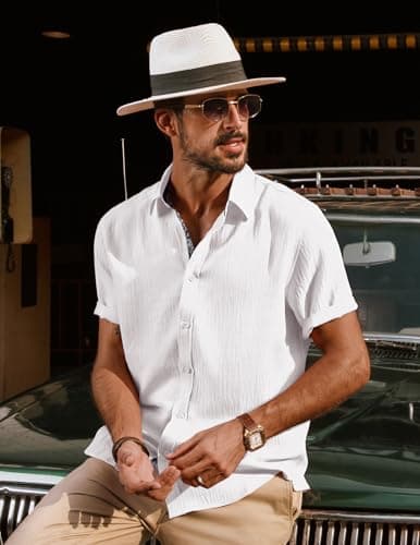 PJ PAUL JONES Men's Button Down Short Sleeve Shirt Casual Summer Beach Textured Wedding Shirts White - Thumbnail 3
