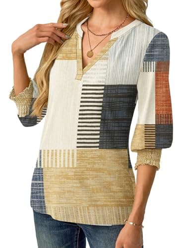 GKBK Womens 3/4 Sleeve Shirts V Neck Dressy Casual Spring Summer Blouses with Smocked Cuffs - Thumbnail 2