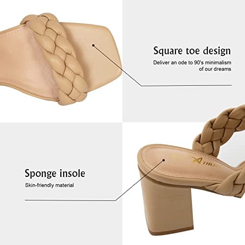 Athlefit Women's Braided Heeled Sandals Fashion Square Open Toe Comfortable Slip on Block Khaki Heels Size 6 - Thumbnail 5
