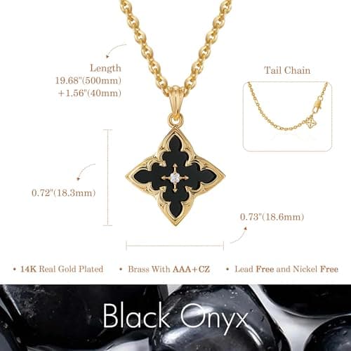 Fettero Gold Necklace for Women Dainty 14K Gold Plated Clover Necklace Colorful Lucky Pendant Charm Necklaces for Women Statement Jewelry - Black Onyx - Thumbnail 5