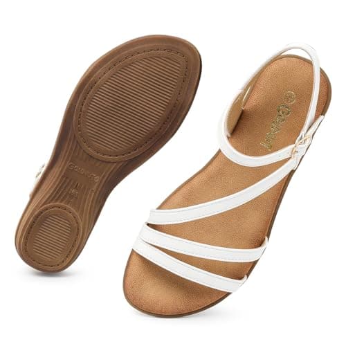 Goldnut Comfortable Flats White Sandals for Women Dressy Strappy Flats Ankle Strap Buckle Walking Casual Sandal size 10.5 - Image 1