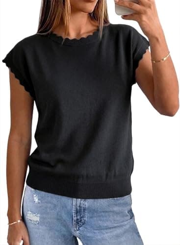 Jenisso Women Summer Sweater Cap Sleeve Lightweight Pullover Soft Knit Top with Scallop Wavy(Black,XL) - Thumbnail 2