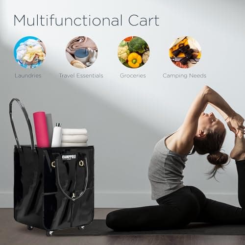 Shopping Cart on Wheels with Card Holder, Folding Reusable Grocery Bag, Lightweight Rolling Tote, Waterproof Black Bag for Travel, Moving, and Camping, Holds up to 66 lbs - Thumbnail 4