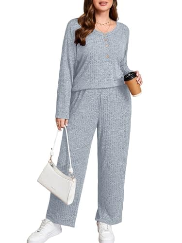 AusLook Plus Size 2 Piece Sets for Women Loose Wide Leg Pant Long Sleeve Top Matching Sets Light Blue 2X Tracksuit Loungewear 2026 Vacation Travel Airport Outfits Going Out Comfy Track Suits - Image 1