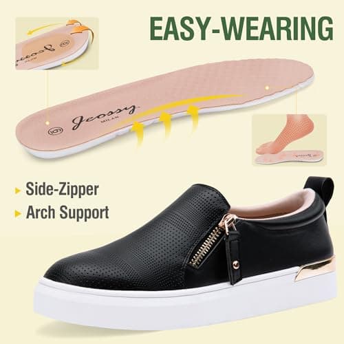 Jeossy Women's Black Slip On Shoes Casual Fashion Sneakers 8010 Arch Support Loafers for Women with Zipper Size 8.5 (DJY8010 blackperf 08.5) - Thumbnail 5