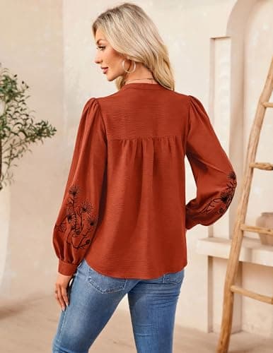 LOOKBOHO Womens Boho Tops V Neck Embroidered Shirt Long Sleeve Dressy Casual Vacation Trendy Blouses Brown XXL - Thumbnail 3