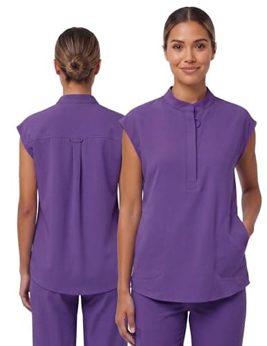 VECARDI Women's Scrub Top Zip Front Stretch Short Sleeve Nurse Uniform Shirt with Pockets Badge Loop Dark Purple - Thumbnail 2