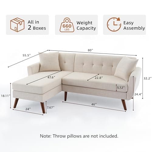 Tbfit L Shaped Couch Sofa, 80" W Mid-Century Modern Sectional Couches, 3 Seater Sofas with Wide Chaise Lounge, Button Tufted Upholstered Sectional Sofa for Living Room, Bedroom, Beige - Thumbnail 2