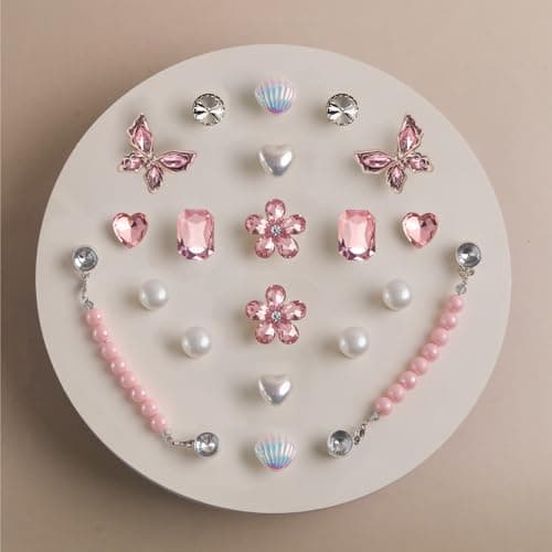 Wenobby 20 Pcs Bling Gem Shoe Decoration Charms for Women Girls, Cute Pink Pearl Rhinestones Butterfly Flower Shell charms with 2 Pearl Chains, Girly Accessories for Clog Sandals Party Gift - Thumbnail 2