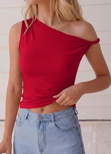 BTFBM Off The Shoulder Tops for Women 2026 Cute Summer Casual Sleeveless Slim Fit y2k Spring Outfits Going Out Tank Top(Red, Small) - Thumbnail 4