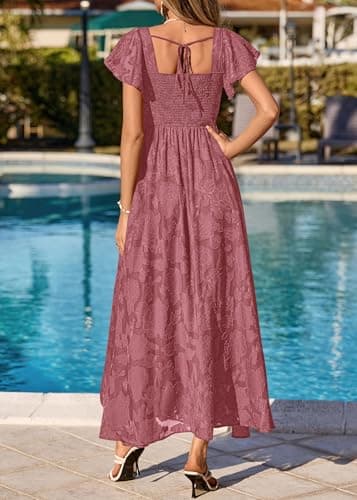KIRUNDO Cocktail Dresses for Women Elegant Wedding Guest Summer Formal Maxi Lace Floral Slit Prom Party Bridesmaid Dress (Pink, Medium) - Thumbnail 3