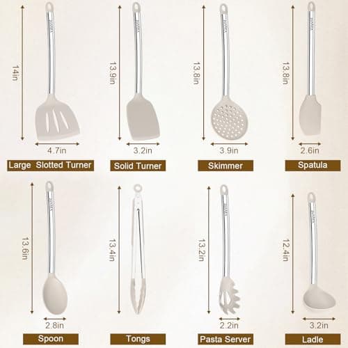 8 Pieces Kitchen Utensils Set, Vayvnt Silicone Cooking Utensils Set for Non-Stick Cookware, Stainless Steel Handle, Heat Resistant Kitchen Gadgets Includes Large Spatula Tongs, Dishwasher Safe, Khaki - Thumbnail 2