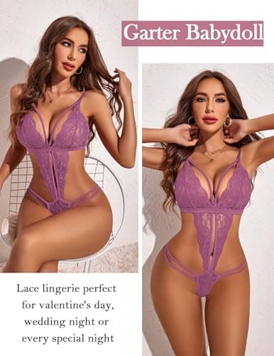 Avidlove Plus Size Lingerie for Women Lace Babydoll Bodysuit Sexy V Neck Underwaer (Purple Red, X-Large) - Thumbnail 5
