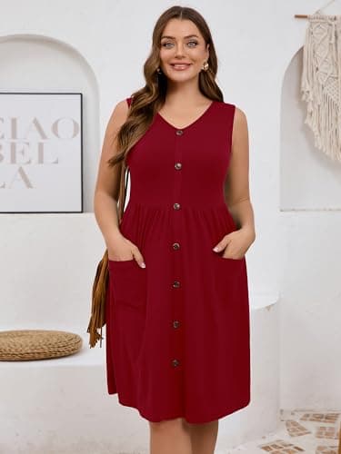 AusLook Plus Size Women Summer Dress Sleeveless V Neck Casual Cute Loose Sundress Burgundy 4X Comfy Swing Button Down Midi Work Flowy Tunic Ladies Beach Vacation Teacher Dresses with Pockets - Thumbnail 3