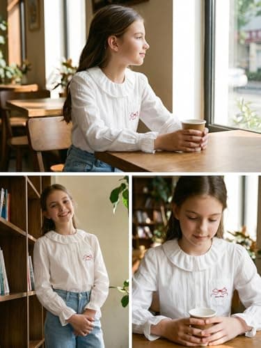 Barry Banny Girls White Button Down Shirt Peter Pan Collar White Blouse with Ruffle Hem Uniform Top for 6-7Y - Thumbnail 5
