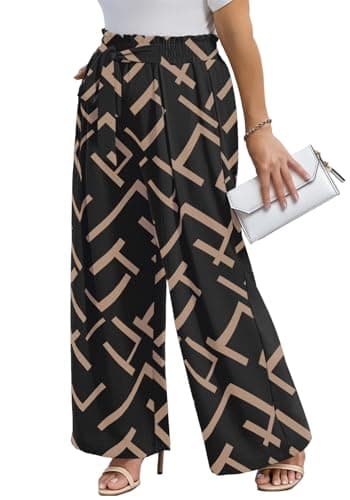Lastshe Plus Size Pants for Women Wide Leg High Waisted Pants Casual Stretchy Summer Travel Boho Palazzo Printed Trousers, Stripe Black, 4X - Thumbnail 2