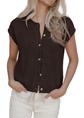 PRETTYGARDEN Sweater Vest Women 2026 Summer Spring Cap Short Sleeve Cardigan Lightweight Button Down Trendy Loose Tops (Brown,Small) - Image 1