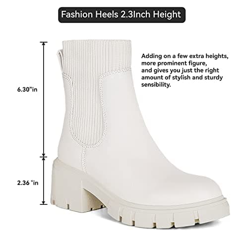 Athlefit Women's White Chelsea Boots Fall Platform Ankle Boots Slip on Chunky Lug Sole Boots - Thumbnail 5