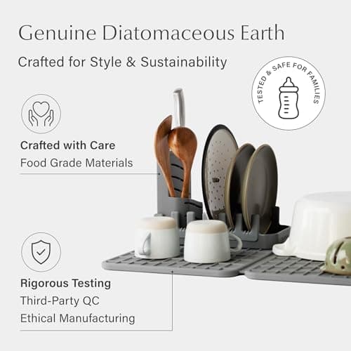 Dorai Home Collapsible Dish Drying Rack and Stone Dish Pad – Large Foldable Drying Rack with Instant - Dry Stone Mat –Space-Saving Drainer Rack for Kitchen Counter - 24.6" x 16.5", Slate - Thumbnail 3