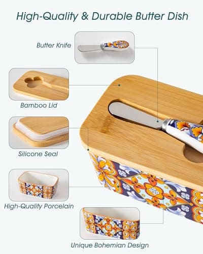 vancasso SIMI Butter Dish with Lid, 6.5" Large Butter Dish for Countertop, Bohemian Ceramic Butter Keeper Container with Knife and Bamboo Lid, Butter Holder for Counter, Amber Elegance - Thumbnail 5