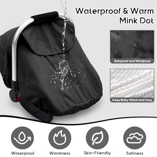 Waterproof Baby Car Seat Cover for Doona, Carseat Cover with Plush Dot Lining for Cold Wet Weather, Infant Car Seat Canopy with Zipper Closure Design & 2 Vents, Keep Baby Warm/Dry - Thumbnail 2