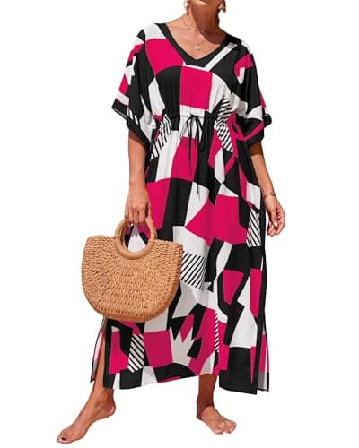 Bsubseach Kaftan Dresses for Women Plus Size Swimsuit Coverup Batwing Sleeves Beach Cover Up with Drawstring Beach Dresses Rose Red - Image 1