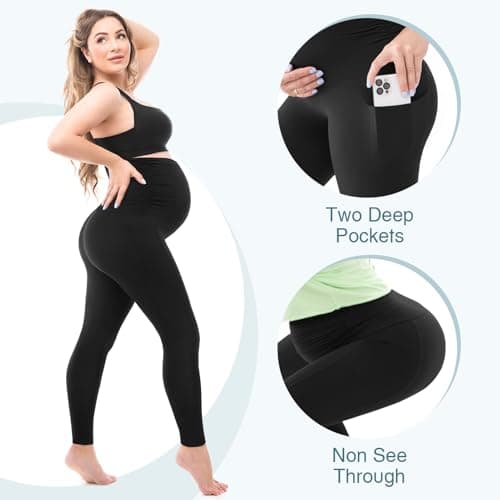 Leafigure Womens Maternity Leggings with Pockets, Pregnancy Buttery Soft Yoga Workout Pants Navy X-Large - Thumbnail 5