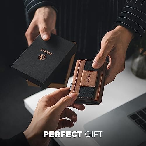 VULKIT Mens Minimalist Wallet for Max. 8 Cards with Pop-Up Credit Card Ejector RFID Blocking, ID Window and Elastic Strap for Bills or Keyring, Gift Box Packed, Brown - Thumbnail 6
