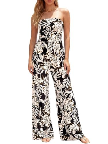 BTFBM Jumpsuits For Women Casual 2026 Floral Strapless Jumpsuit Wide Leg Rompers Beach Vacation Clothes Summer Outfits(Floral Black Beige, Large) - Image 1