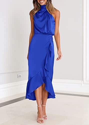 KIRUNDO Women 2026 Spring Summer Satin Mock Neck Wedding Guest Party Cocktail Midi Dress Sleeveless Wrap Ruffle Formal Dress(Brilliant Blue, X-Large) - Thumbnail 4