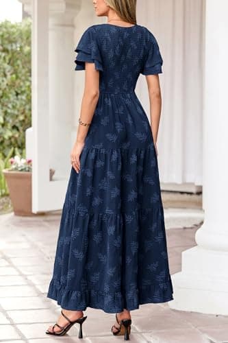 dowerme Maxi Dresses for Women 2026 Summer Ruffle Sleeve V Neck Smocked A Line Floral Boho Tiered Sundress Spring Outfit(Navy Blue,Small) - Thumbnail 5