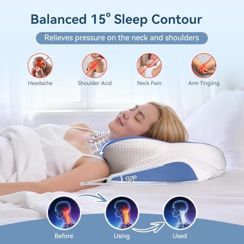 Paxato Cervical Neck Pillow for Sleeping, Ergonomic Contour Pillow for Neck and Shoulder Pain with Pillowcase, Cooling Memory Foam Pillows for Side Sleepers, Back Sleepers and Stomach Sleepers, Blue - Thumbnail 2