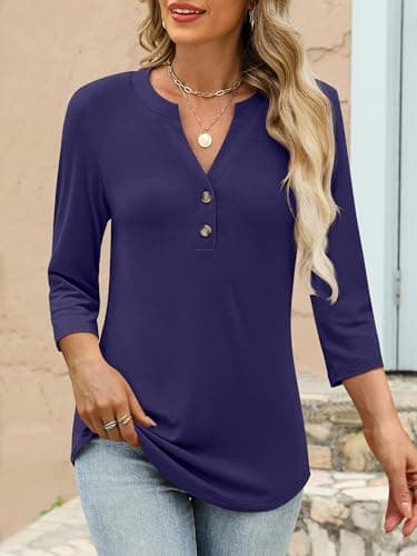 ANRABESS Women 3/4 Length Sleeve Henley Tops V Neck Business Casual Work T Shirts Cute Travel Shirt 2026 Spring Trendy Outfit Dark Blue Medium - Thumbnail 6
