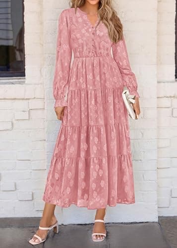 KIRUNDO Spring Wedding Guest Dresses for Women 2026 Maxi Floral Long Sleeve Elegant Ruffle Tiered Flowy Party Long Dress(Pink, Medium) - Thumbnail 5