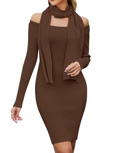 Blooming Jelly Womens Off Shoulder Sweater Dress Scarf Long Sleeve Mini Bodycon Dresses Fall 2025 Trendy Ribbed Ladies Winter Sweater (Small, Brown) - Image 1