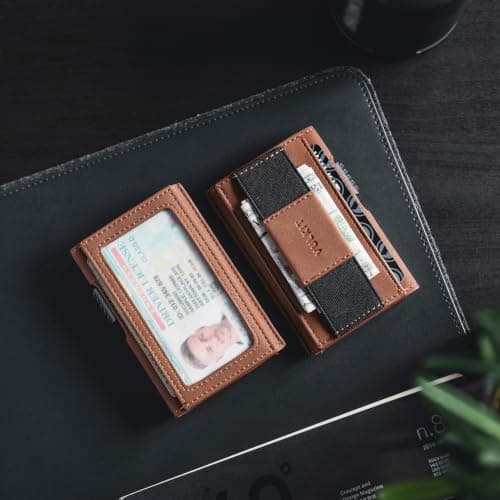 VULKIT Mens Minimalist Wallet for Max. 8 Cards with Pop-Up Credit Card Ejector RFID Blocking, ID Window and Elastic Strap for Bills or Keyring, Gift Box Packed, Brown - Thumbnail 2