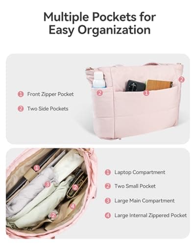 Moyad Puffer Tote Bag for Women, Quilted Work Bags with Compartments, Puffy Handbag for Everyday, Work, Travel, Gym, Pink - Thumbnail 4