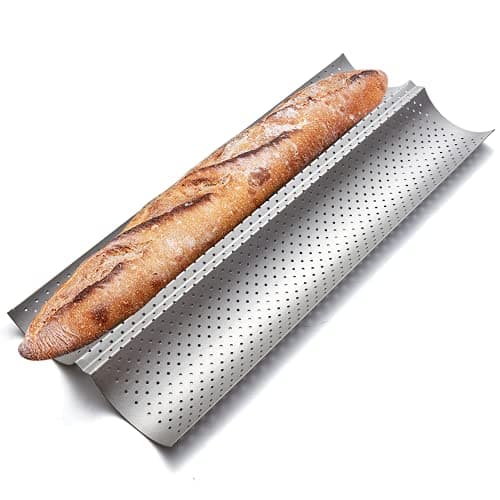 KITESSENSU Nonstick Baguette Pans for French Bread Baking, Perforated 2 Loaves Baguettes Bakery Tray, 15" x 6.3", Silver - Image 1