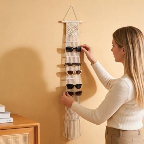 W Wellshine Macrame Sunglasses Holder Boho Wall Hanging Minimalist Eyewear Organizer Wall Sunglasses Rack Sunglasses Display (Nature) - Thumbnail 4
