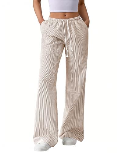 BTFBM Striped Wide Leg Pants for Women Spring Summer 2026 Drawstring Lounge PJ Beach Bottoms Casual Trousers Pockets(Brown, Medium) - Image 1