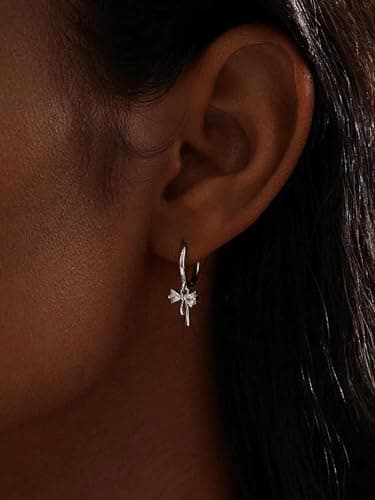 Dangle Earrings for Women Silver Cubic Zirconia Hoop Earrings Dainty Bow Diamond Drop Earring Wedding Jewelry for Brides - Thumbnail 3