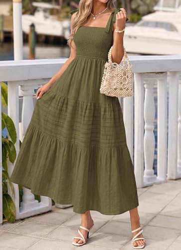 BTFBM Women's 2026 Spring Boho Spaghetti Strap Dress Casual Sleeveless Smocked A Line Beach Sundress Long Maxi Dresses(Army Green, Large) - Thumbnail 6