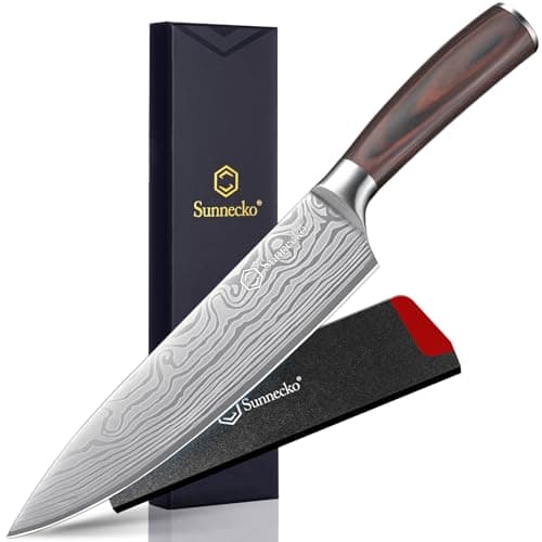 Sunnecko 8 Inch Chef Knife - Ultra Sharp 12-15 Degree Edge Kitchen Knife for Meat Vegetable Cutting Japanese Style, High Carbon Stainless Steel Blade, Pakkawood Handle &Sheath, Cooking Father Day Gift - Image 1