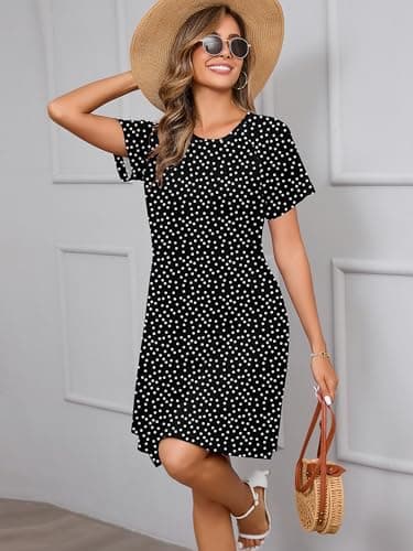 Heymoments Women Short Sleeve Dress Floral Print Medium Crew Neck Casual Flowy Cute Below Knee Sundress Comfy Shirt Teachers Summer Travel 2025 Novelty Boho Dresses with Pockets - Thumbnail 4