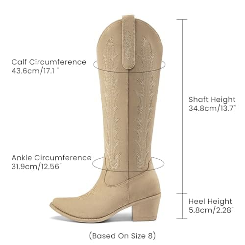 Athlefit Western Cowboy Boots for Women Knee High Cowgirl Comfortable Pull On Block Heel Pointed Toe Embroidered Camel Suede Tall Boots for Travel Walking Camel Suede Size 10 - Thumbnail 3