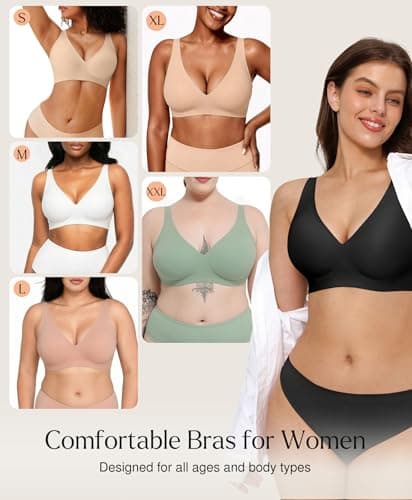 Wireless Push Up Bra Womens Bras Full Support Comfy Seamless Bralettes No Underwire Comfortable Tshirt Deep V Bra Black - Thumbnail 5